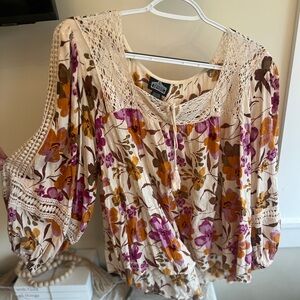 Angie Cream Floral Crochet-Trim Peasant Blouse in Orange & Pink